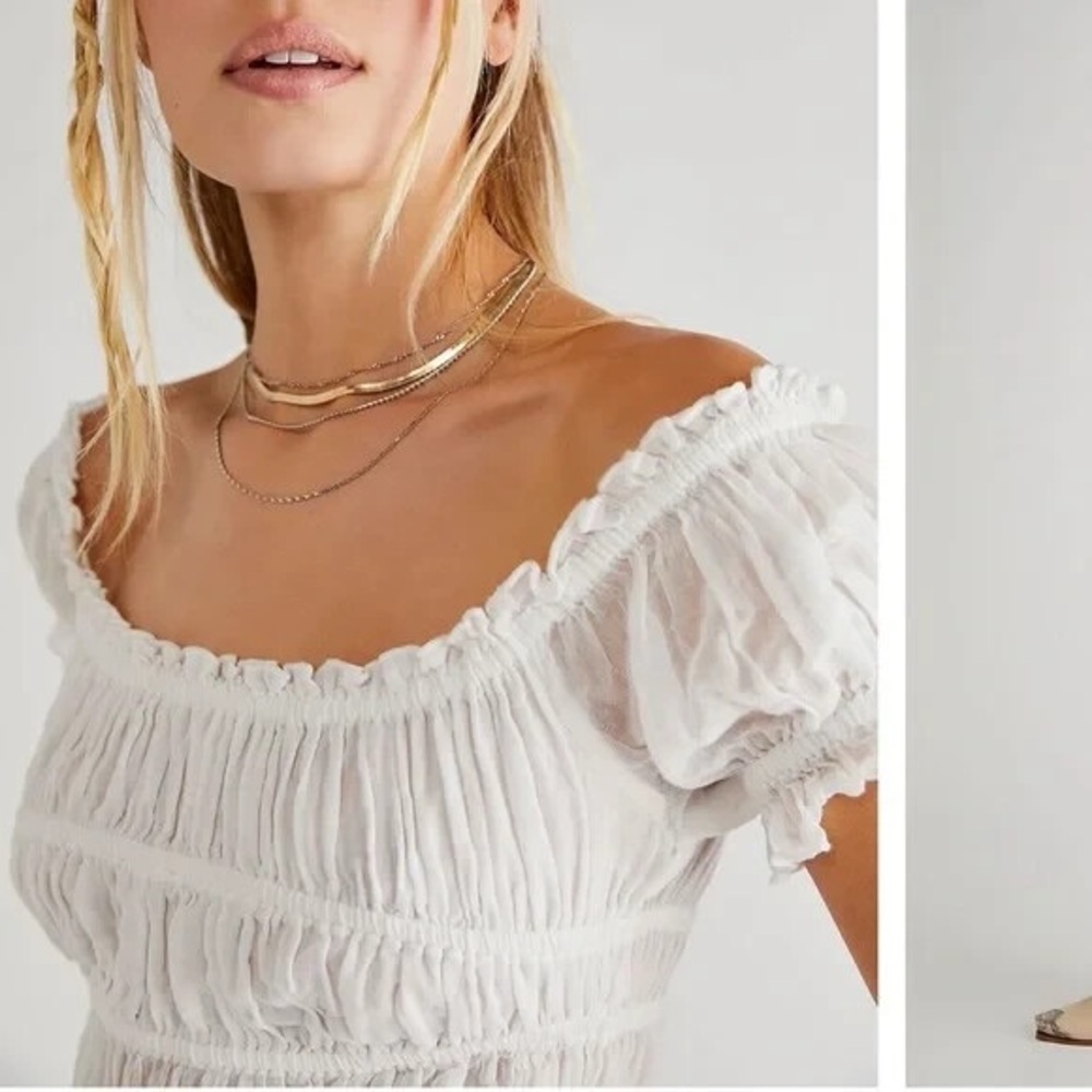 Free People FP One Cheri Top Smocked Cropped Ivory Off the Shoulder Blouse